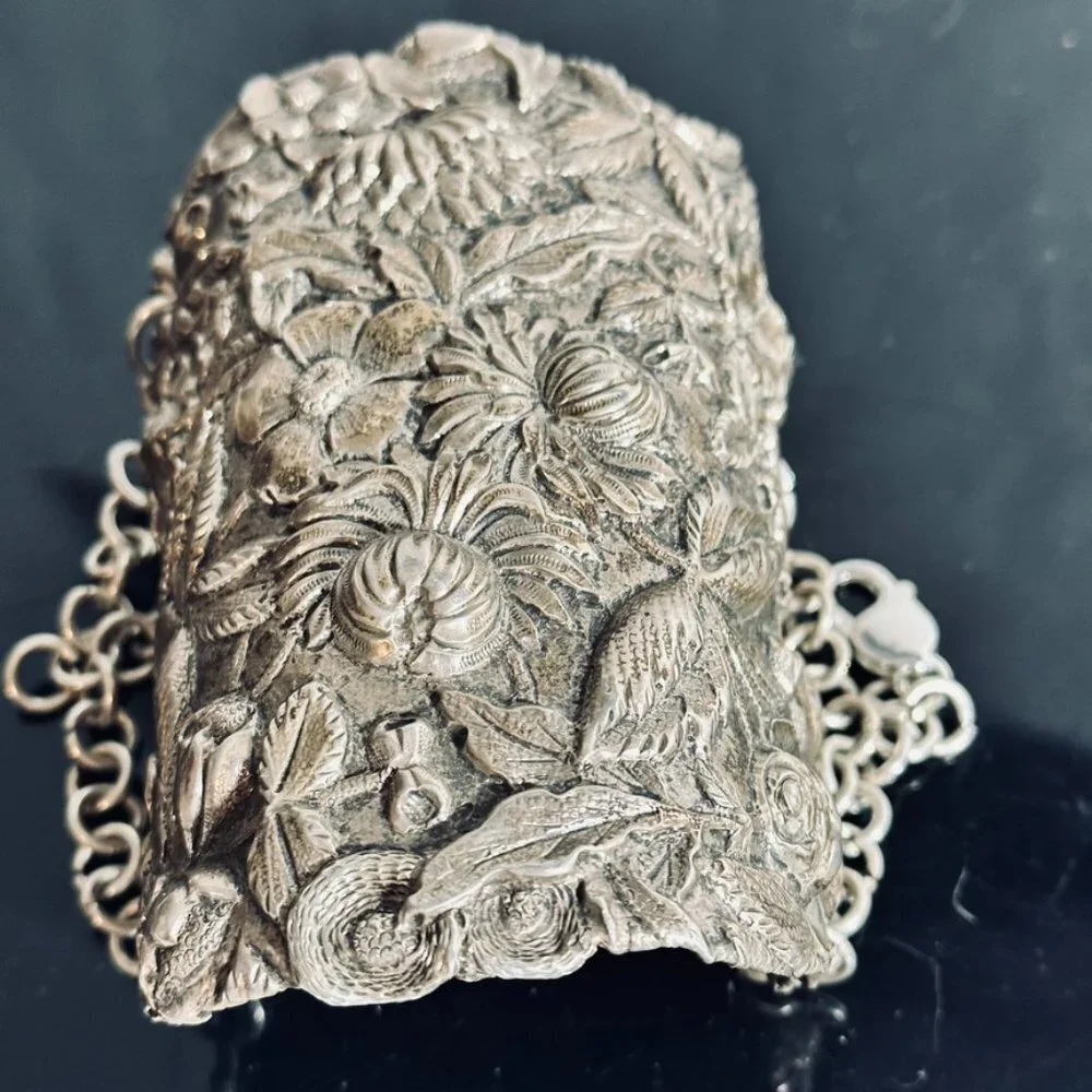 Floral Sterling Silver Cuff Bracelet Wide Art Nouveau 925 Kirk Stieff Repoussé
